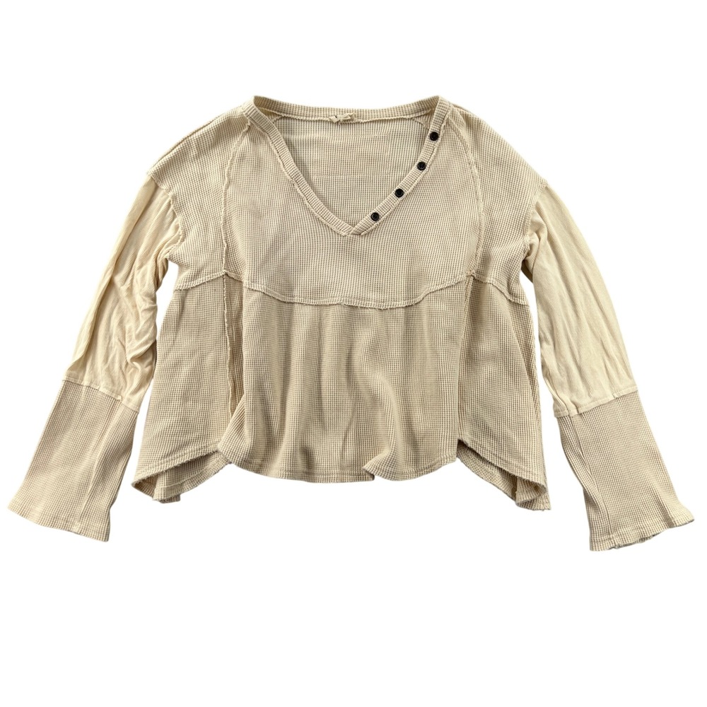 POL Cream Waffle Knit Thermal V-Neck Oversized Top Women Small Boho Textured